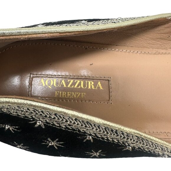 Aquazzura Bliss Black Suede Gold Embroidered Stars Ankle Wrap Ballet Flats 11 - Picture 11 of 13